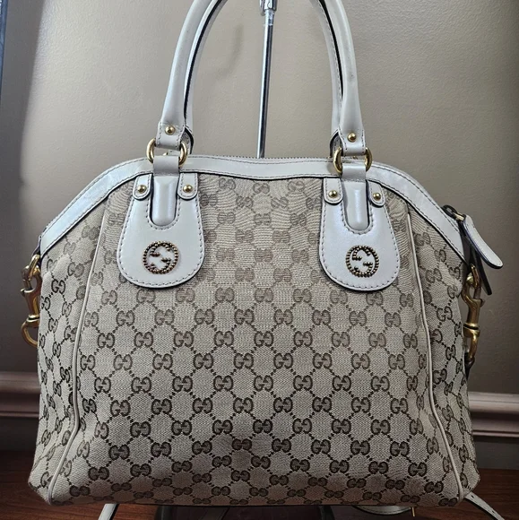 Auth Gucci GG Monogram Scarlett Studs Convertible Satchel handbag - Picture 1 of 12